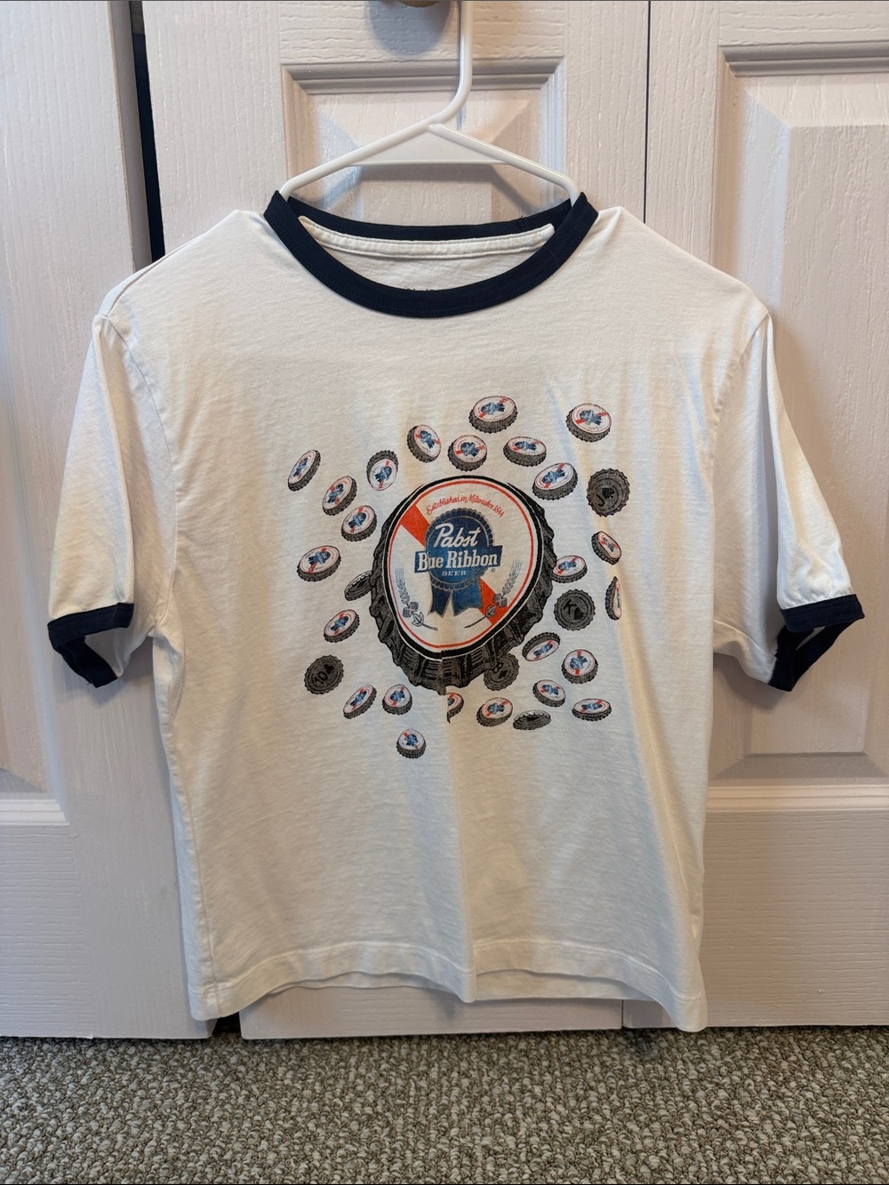 Abercrombie & Fitch White Ringer Tee with Navy Accents and Pabst Graphic